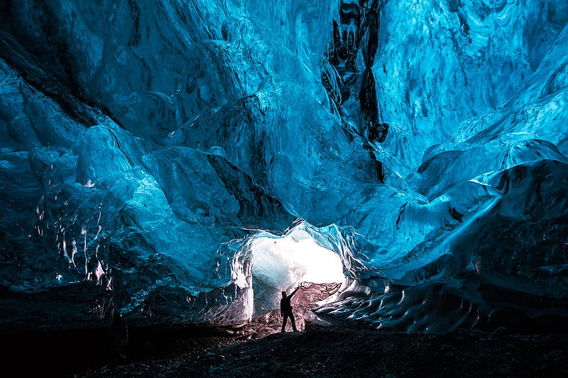 cave, blue ice, crystals, man, glowing, Nature, HD wallpaper