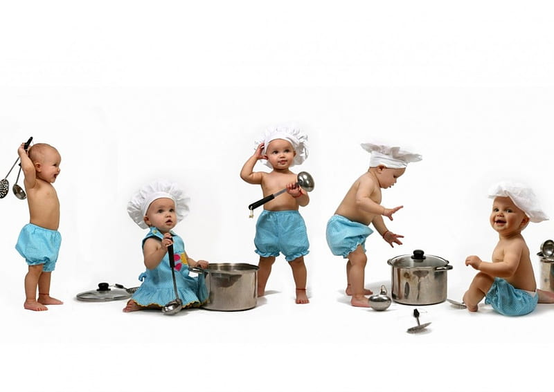 Baby cooking, chef, cute, pots, cook, baby, HD wallpaper