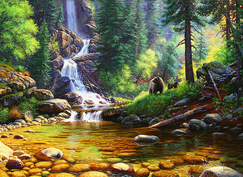 Quiet Repose, forest, stones, bear, waterfall, cubs, river, trees, artwork, painting, HD wallpaper
