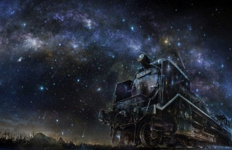 Midnight Train, pretty, locomotive, glow, scenic, cg, transports, sparks, bonito, sweet, train, anime, darkness, beauty, scenery, realistic, star, night, lovely, comet, black, sky, hice, shooting star, dark, scene, HD wallpaper