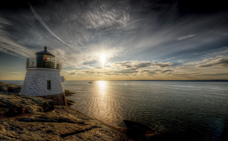 Lighthouse, sun, view, ocean, sunset, sky, clouds, sea, ocean view, nature, sunrise, HD wallpaper