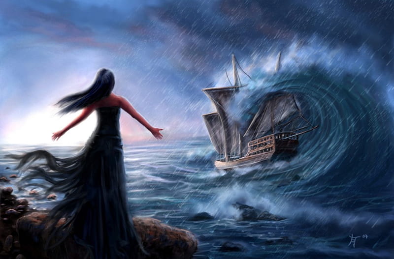 Lorelei, luring, ship, girl, siren, mythology, storm, wave, HD wallpaper