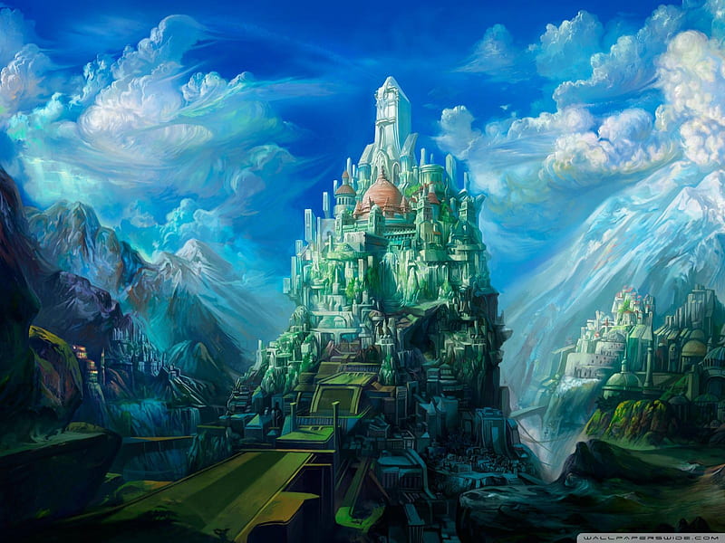 fantasy castle, live, cg, high, prince, abstract, sky, fantasy, far away, blue, HD wallpaper