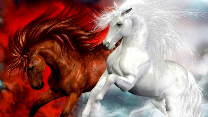White And Brown Horses With Background Of White And Red Horse, HD wallpaper