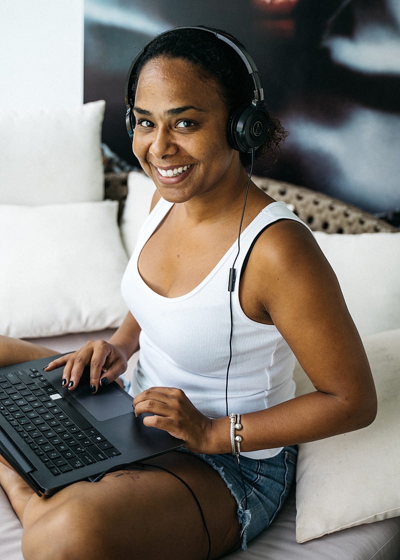 Woman in White Tank Top Using Black Laptop Computer, HD phone wallpaper