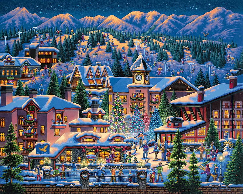 Rocky Mountain Christmas, eric dowdle, christmas, craciun, art, painting, pictura, HD wallpaper