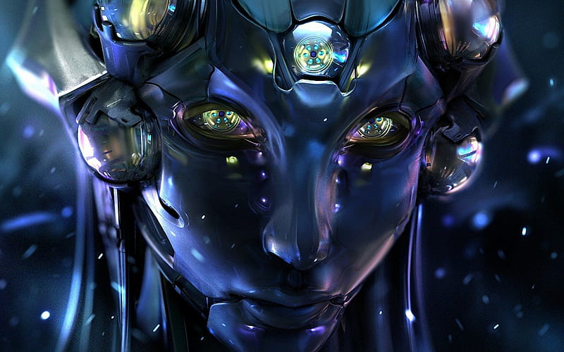 Robot face, head, black, woman, robot, fantasy, girl, dark, wen jr, face, pink, blue, HD wallpaper