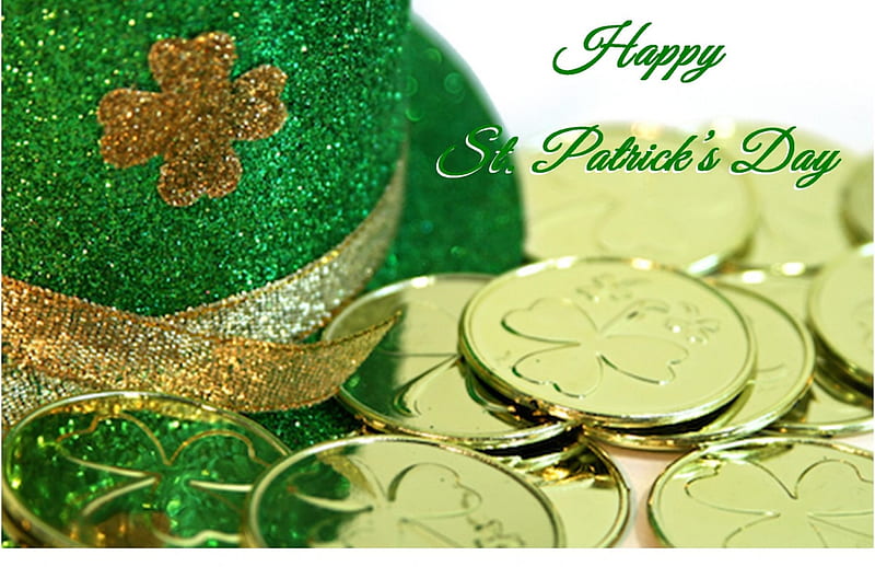 Happy Saint Patrick's Day, money, Saint Patricks Day, coins, Happy Saint Patricks Day, hat, top hat, clovers, gold, green, shamrocks, Patricks Day, gold coins, HD wallpaper