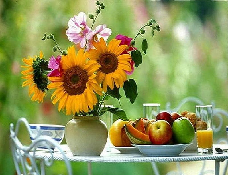 Take a break, pink flowers, sunflowers, apples, flowers, vase, melons, patio table, fruit bowl, HD wallpaper