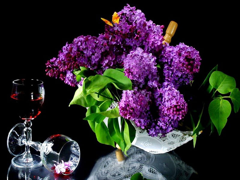 Lilacs and wine, glass, purple, green, wine, flowers, lilacs, HD wallpaper