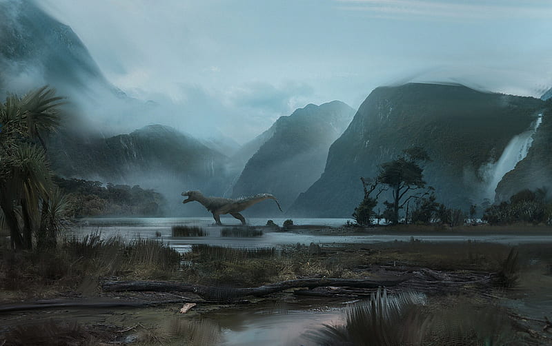 dinosaur, mountains, art, HD wallpaper