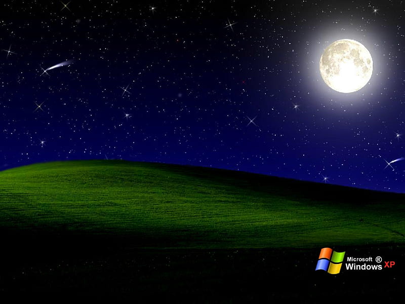 Starry Night Windows, windows, stars, moon, grass, tech, technology, xp, night, HD wallpaper