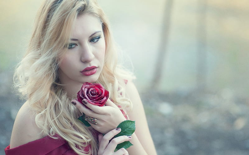 Beauty, red dress, model, one, woman, nice, femininity, with red rose ...