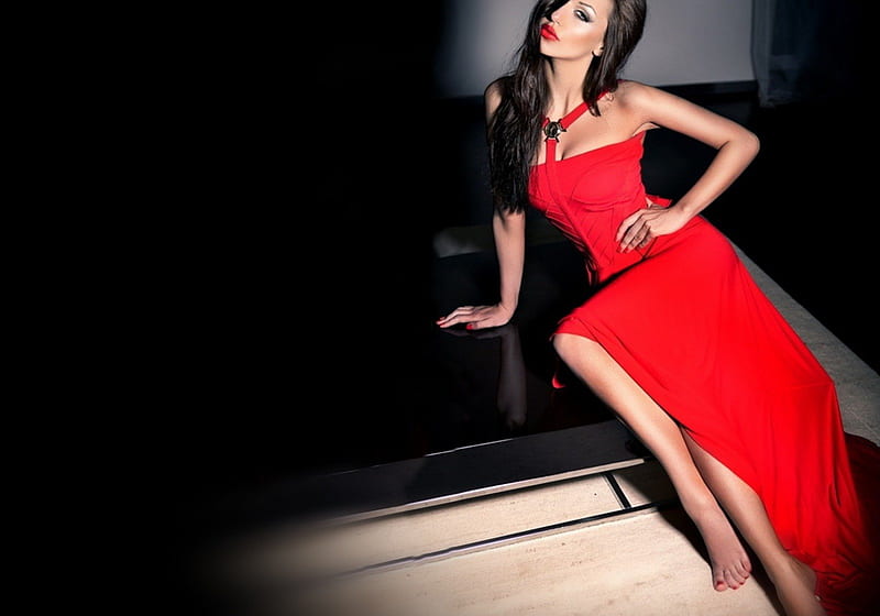 Red Dress, red, dress, model, woman, HD wallpaper