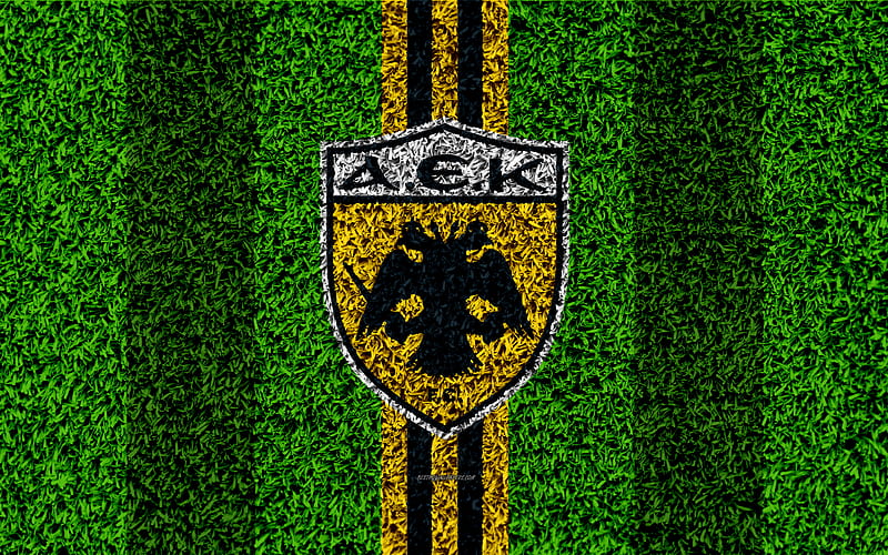 AEK Athens FC, logo football lawn, Greek football club, yellow black lines, grass texture, Athens, Greece, AEK, Superleague Greece, football, HD wallpaper