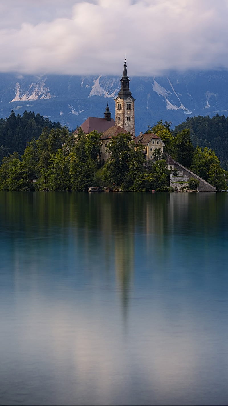 architecture, building, portrait display, church, Slovenia, mountains, mist, lake, trees, island, reflection, forest, nature, ancient, landscape, Lake Bled, HD phone wallpaper