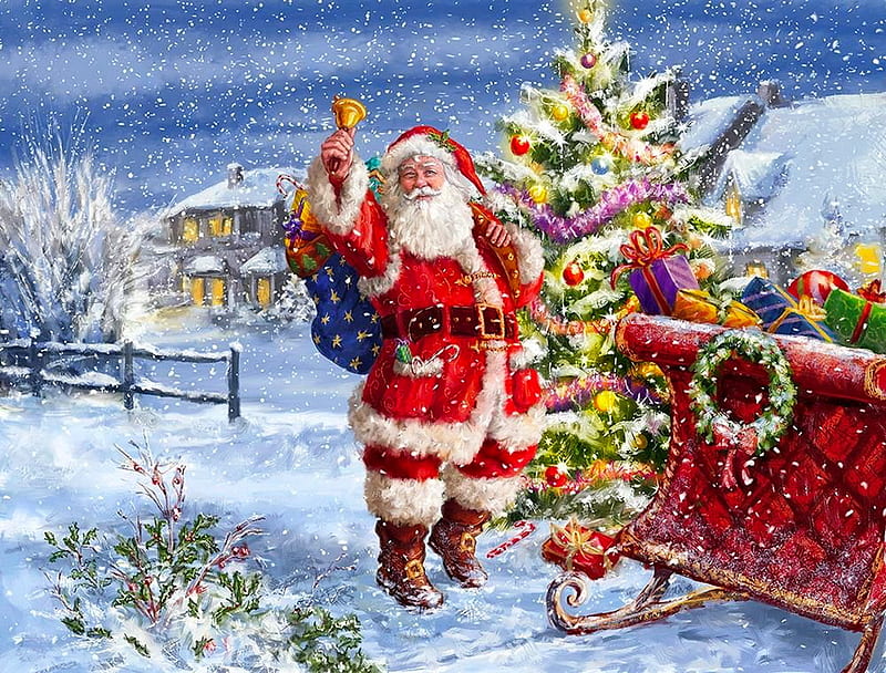 Santa ringing bell, art, sleigh, christmas, bonito, bell, winter, tree, santa, snow, snowflakes, snowfall, village, funny, presents, ring, gifts, joy, HD wallpaper
