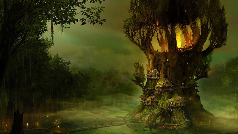 Elves tree village, ground, above, high, lights, HD wallpaper