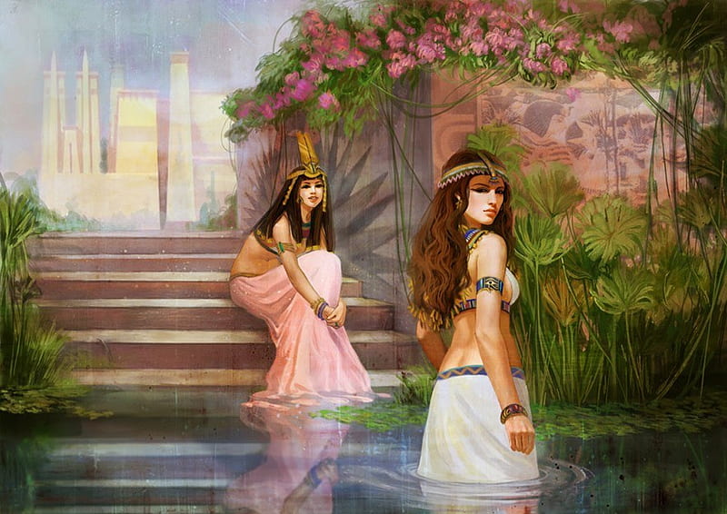 Princesses Of The Nile, princesses, bathing, temple, river, nile, egypt, HD wallpaper