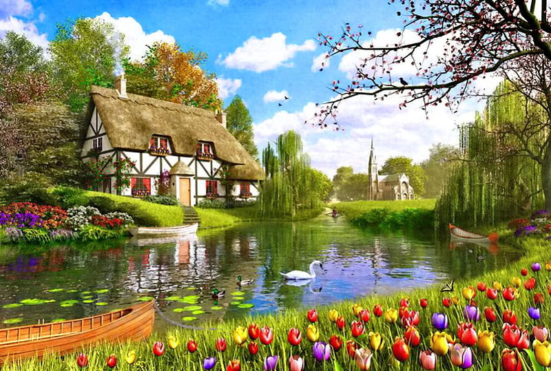 Lakeside cottage, colorful, house, shore, cottage, bonito, clouds, countryside, boat, dock, painting, village, flowers, reflection, art, lovely, greenery, sky, swans, lake, pond, lakeside, peaceful, summer, HD wallpaper