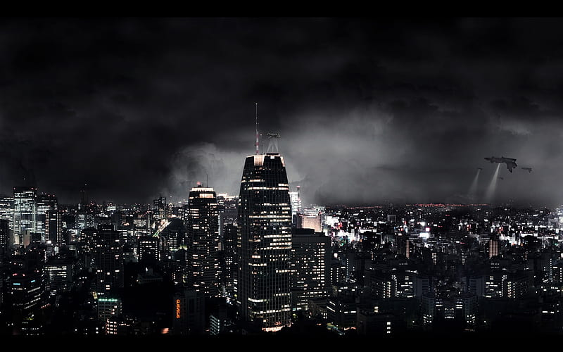 NIGHT ATTACKS, city, dark, attacks, clouds, planes, sky, lights, night, HD wallpaper