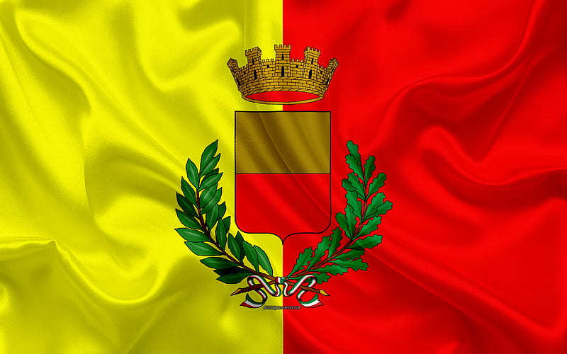 Flag of Naples silk texture, yellow red silk flag, coat of arms, Italian city, Naples, Campania, Italy, symbols, HD wallpaper
