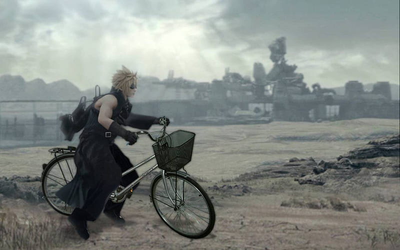 Cloud and his 'bike', fenrir, final fantasy 7, blond haired, bicycle, man, advent children, cloud strife, wasteland, midgar, funny, HD wallpaper