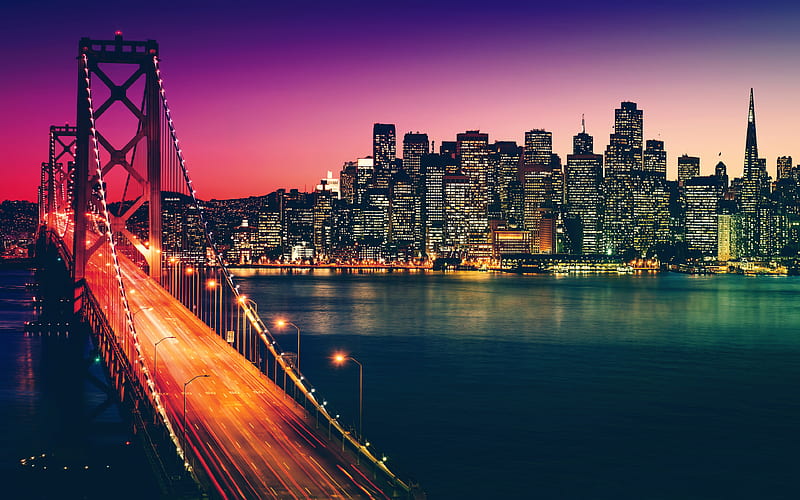 Golden Gate Bridge, sunset cityscapes, USA, San Francisco, nightscapes, America, California, HD wallpaper