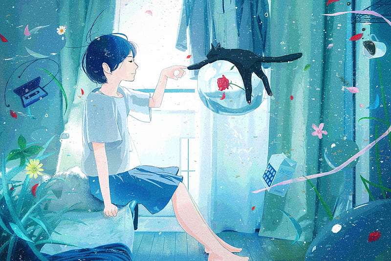 Magical moment, art, bubble, manga, black, cat, nakamura yukihiro, girl ...