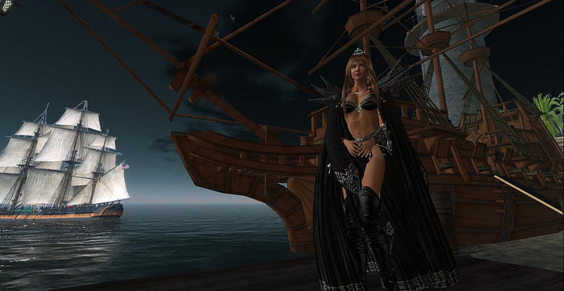 Pirate Beauty 2, dawn, ship, girl, beauty, bonito, woman, docks, pirate, HD wallpaper