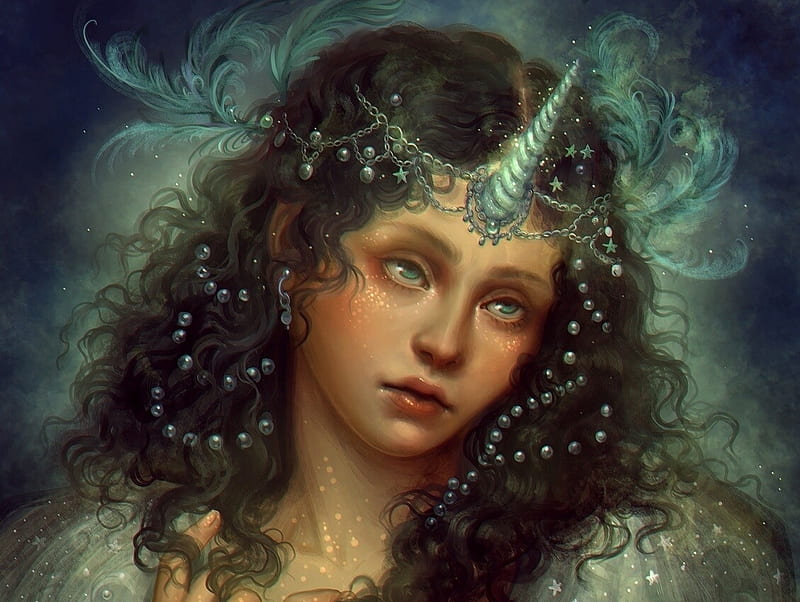 Princess Isadora, girl, luminos, unicorn, jewel, lourdes saraiva, princess, isadora, art, fantasy, face, HD wallpaper