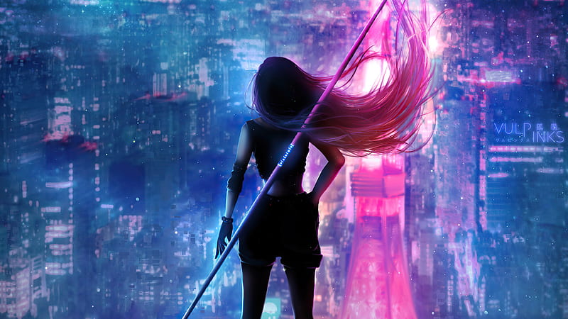 Girl Hair Flowing Neon City, artist, artwork, artstation, neon, cyberpunk, HD wallpaper