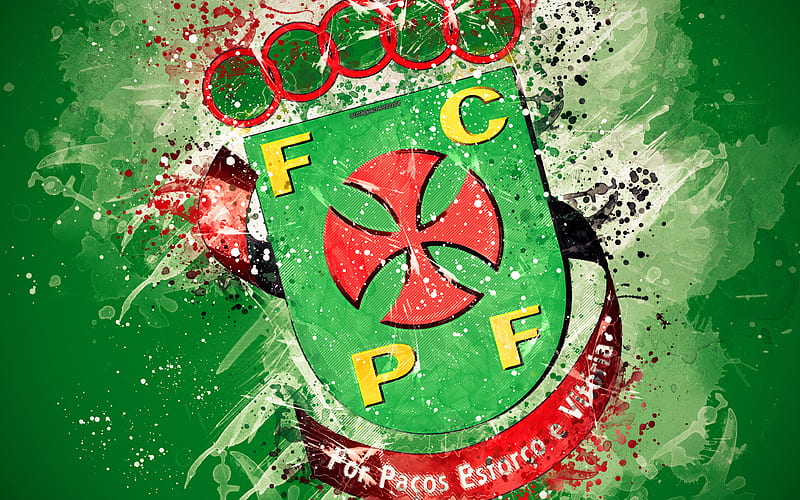 FC Pacos de Ferreira paint art, logo, creative, Portuguese football team, Primeira Liga, emblem, green background, grunge style, Pasush de Ferreira, Portugal, football, HD wallpaper