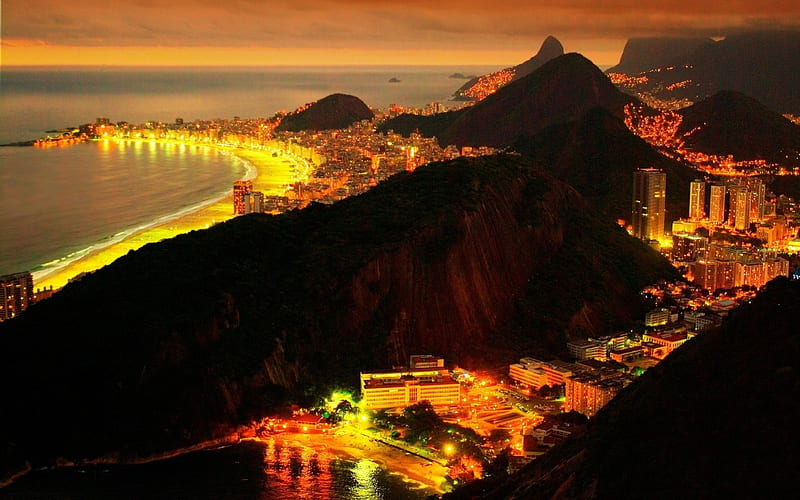 rio de janeiro at night, city, mountains, lights, sea, night, HD wallpaper