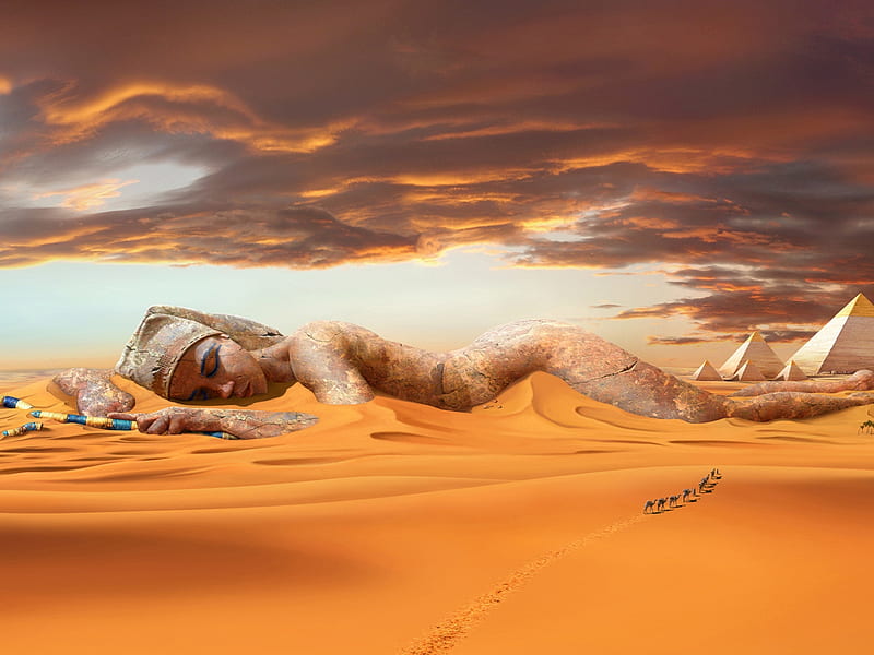 Cleopatra, art, desert, quuen, colors, bonito, clouds, fantasy, sand, pyramides, hot, camel, landscape, egypt, HD wallpaper
