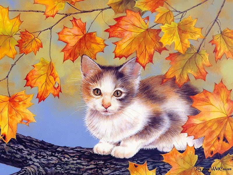cats-autumn-cat-art-maday-kittens-calender-painting-kitten-jane-oil-spring-backgrounds, Baum, Blatt, Cats, Deutschland, HD wallpaper