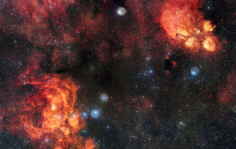 The Cat’s Paw and Lobster Nebulae, Lobster Nebula, VLT Survey Telescope, Cats Paw Nebula, Hydrogen gas glows red, HD wallpaper