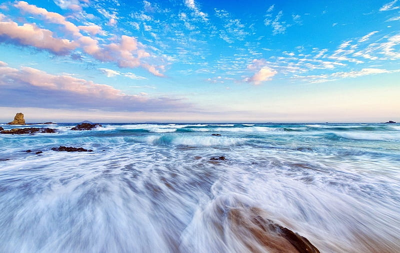 Blue Ocean Water and Sky, oceans, nature, rushing water, clouds, sky, blue, HD wallpaper