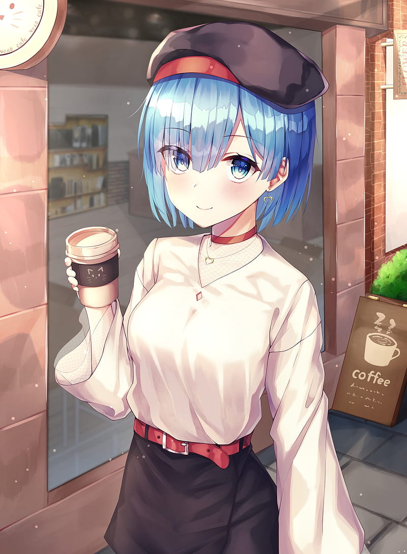 rem, re: zero kara hajimeru isekai seikatsu, cute, coffee, blue hair, Anime, HD phone wallpaper