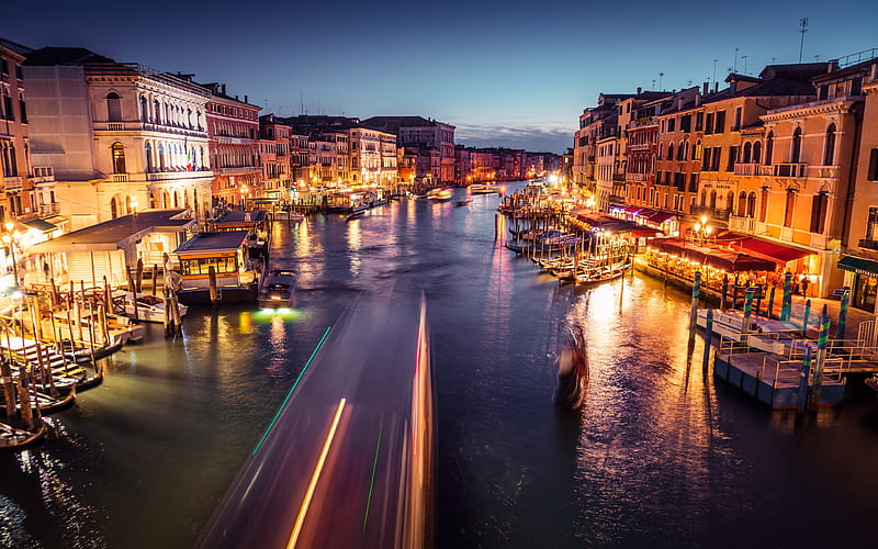 Grand Canal nightscapes, Venice, gondolas, summer, Italy, Europe, italian cities, Venice at night, HD wallpaper