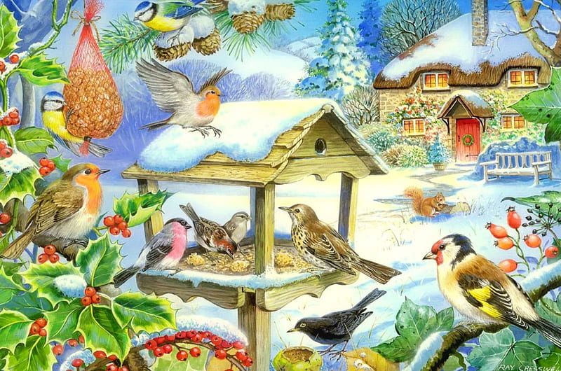 Winter gathering, pretty, art, feed, birds, bonito, fun, trees, joy, winter, cardinals, gathering, snow, birdhouse, HD wallpaper