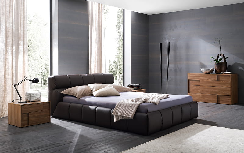interior bedroom, modern design, stylish bedroom, purple shades gray walls, HD wallpaper