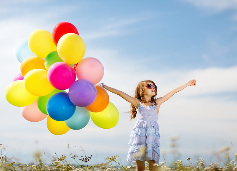 Little Girl, Colorful, Girl, Happy, Children, Balloons, HD wallpaper