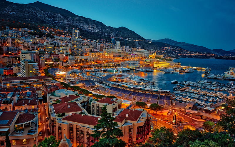 Monte Carlo, evening, sunset, city lights, Monaco, bay, yachts, HD wallpaper