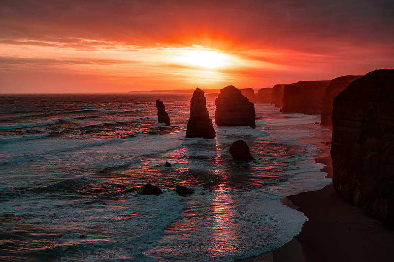 The Twelve Apostles Coastline Rock Sunset , sunset, rocks, nature, HD wallpaper