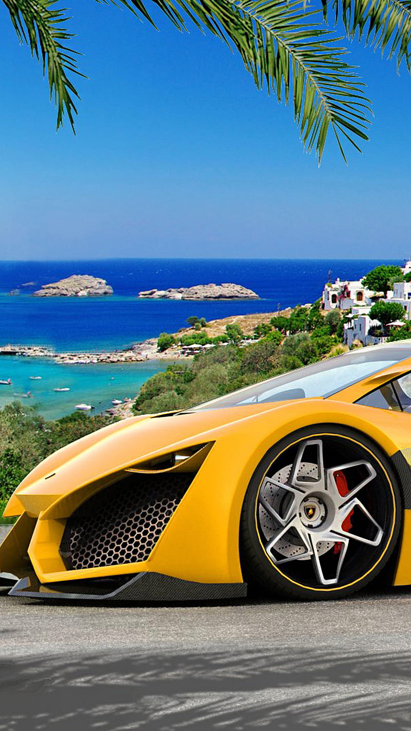 yellow lambo, auto, car, fast, lamborghini, sea, sky, vehicle, HD phone wallpaper