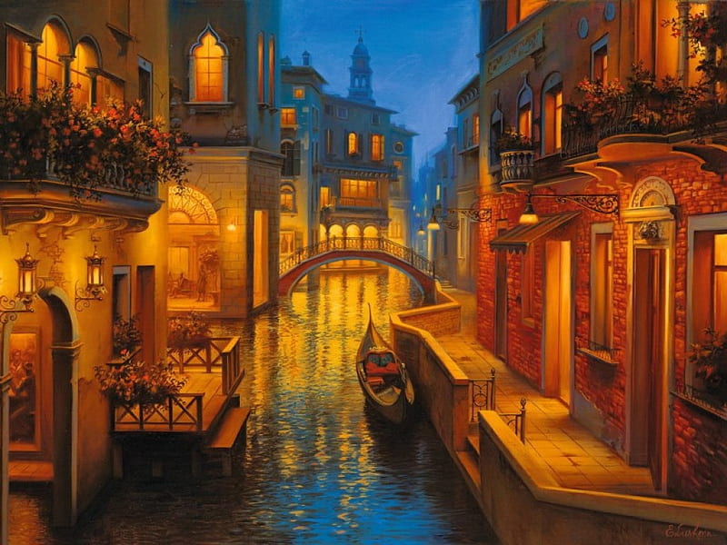 Waters of Venice, art, lovely, canal, town, dusk, bonito, twilight, lights, Venice, waters, painting, gondola, HD wallpaper