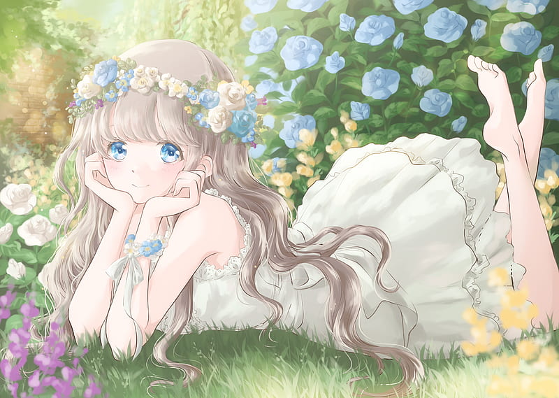 anime girl, barefoot, lying down, colorful flowers, blue eyes, Anime, HD wallpaper