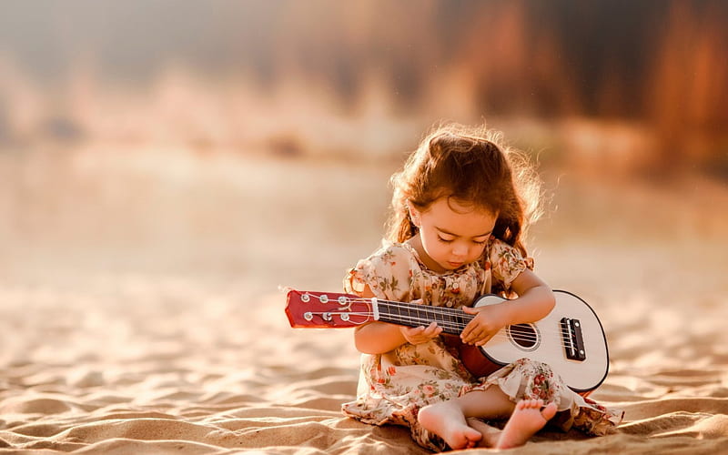 Practicing, tunes from my soul, little, music, beach, instrument, sand, guitar, girl, summer, child, HD wallpaper