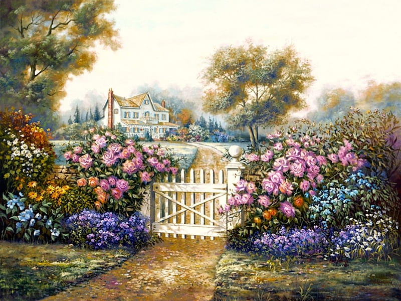 Garden door, colorful, lovely, cottage, bonito, park, tree, splendor, flower, garden, outdoor, HD wallpaper